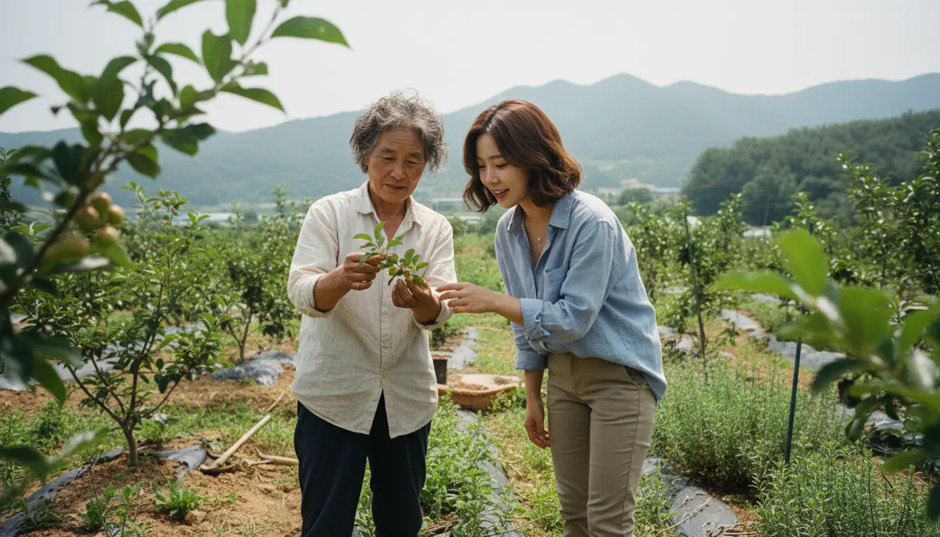 Han Yuna e sua madre Han Mi-sook, attorno a un tavolo di ingredienti naturali a Daegu
